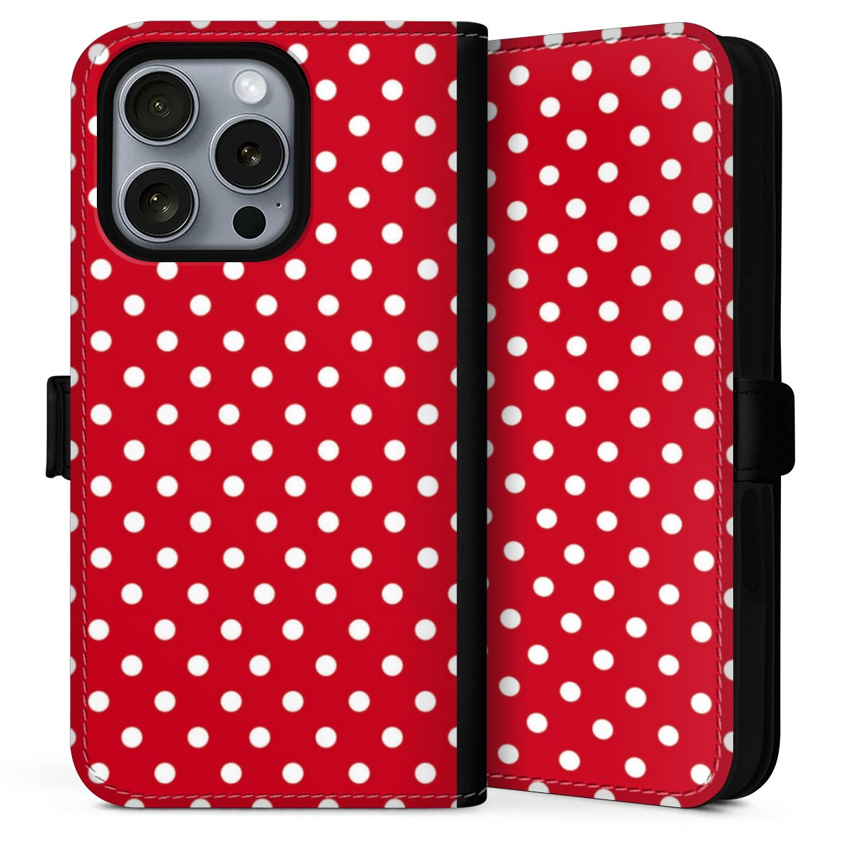 iPhone 16 Pro Max Handy Klapphülle Handyhülle aus Kunst Leder schwarz Flip Case Points Polka Dots Retro Sideflip mit Lasche