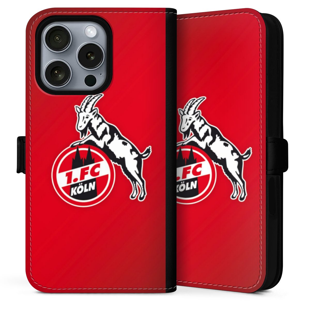 iPhone 16 Pro Max Handy Klapphülle Handyhülle aus Kunst Leder schwarz Flip Case Official Licensed Product Effzeh 1. Fc Köln Sideflip mit Lasche