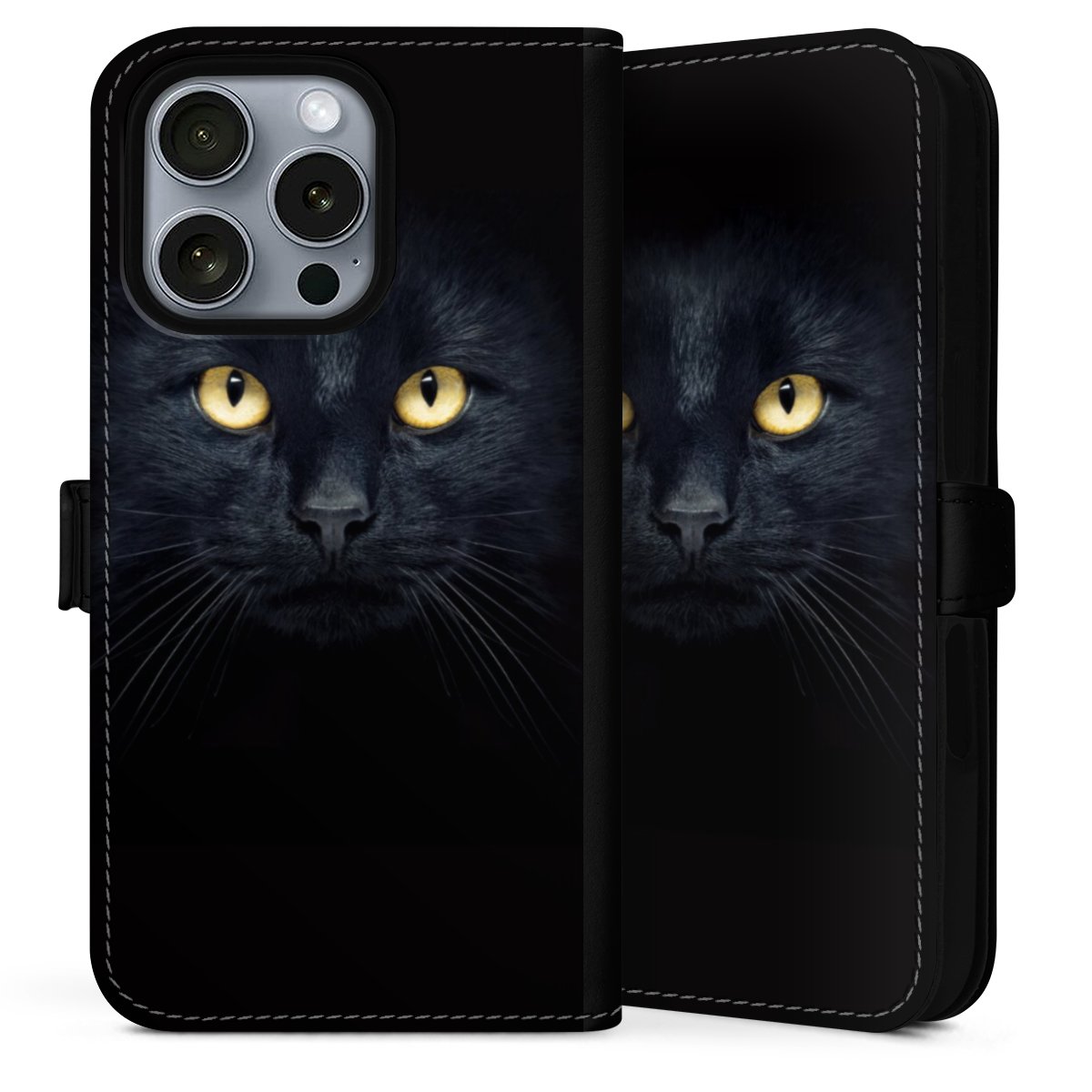 iPhone 16 Pro Max Handy Klapphülle Handyhülle aus Kunst Leder schwarz Flip Case Eye Cat Black Sideflip mit Lasche