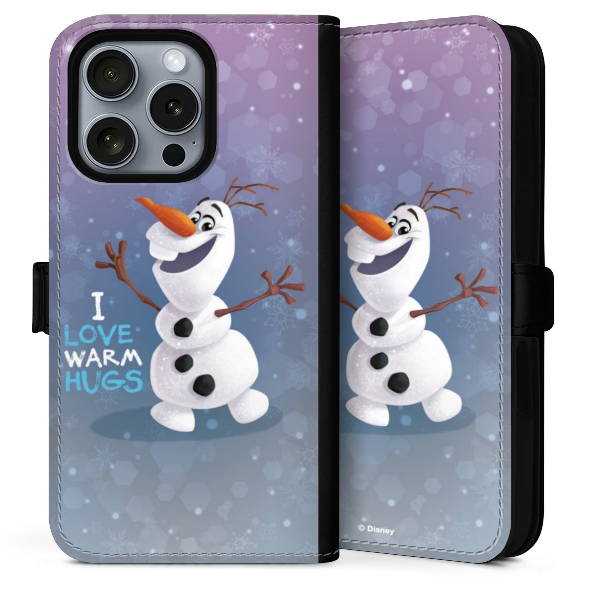 iPhone 16 Pro Max Handy Klapphülle Handyhülle aus Kunst Leder schwarz Flip Case Frozen Frozen Olaf Official Licensed Product Sideflip mit Lasche