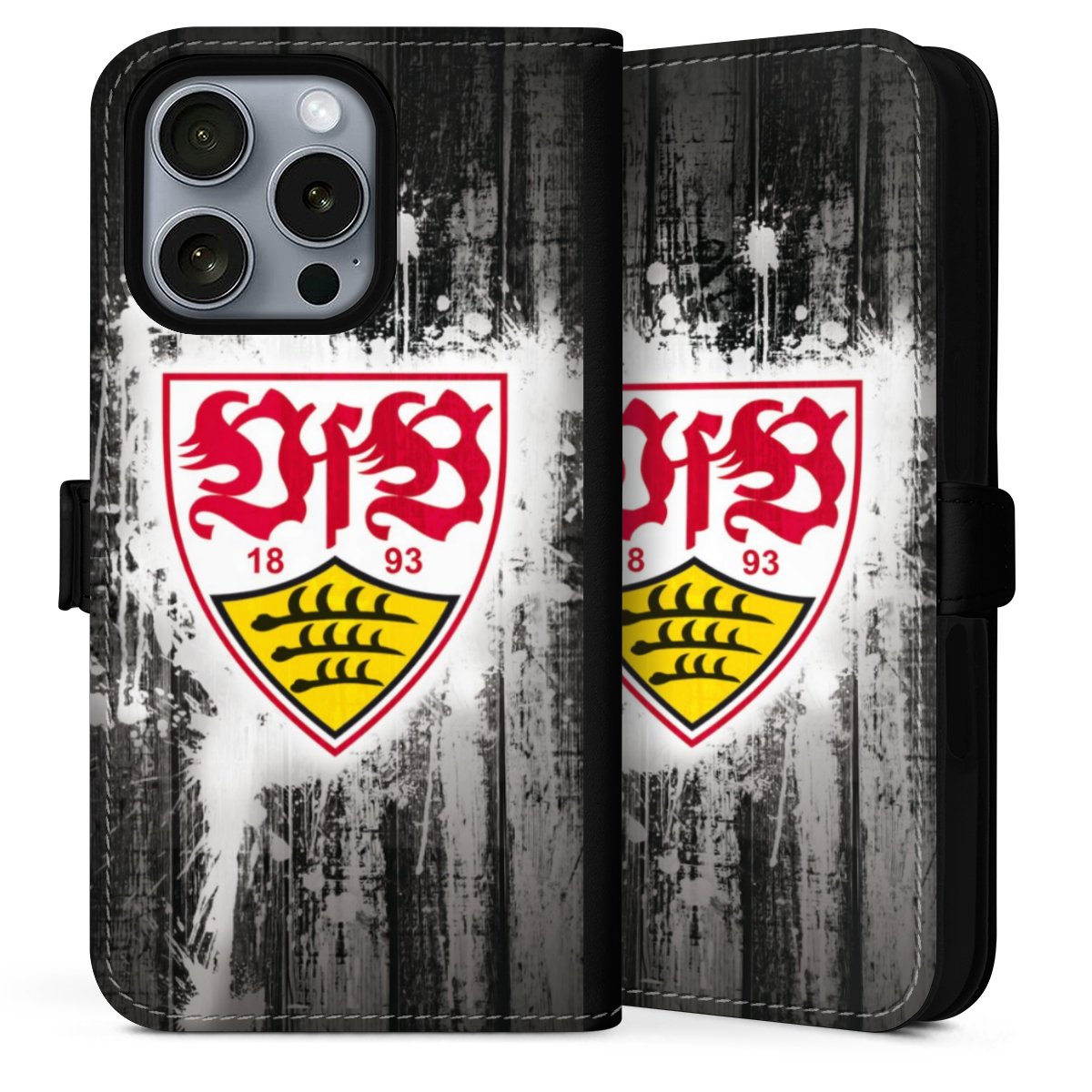 iPhone 16 Pro Max Handy Klapphülle Handyhülle aus Kunst Leder schwarz Flip Case Vfb Stuttgart Official Licensed Product Sideflip mit Lasche