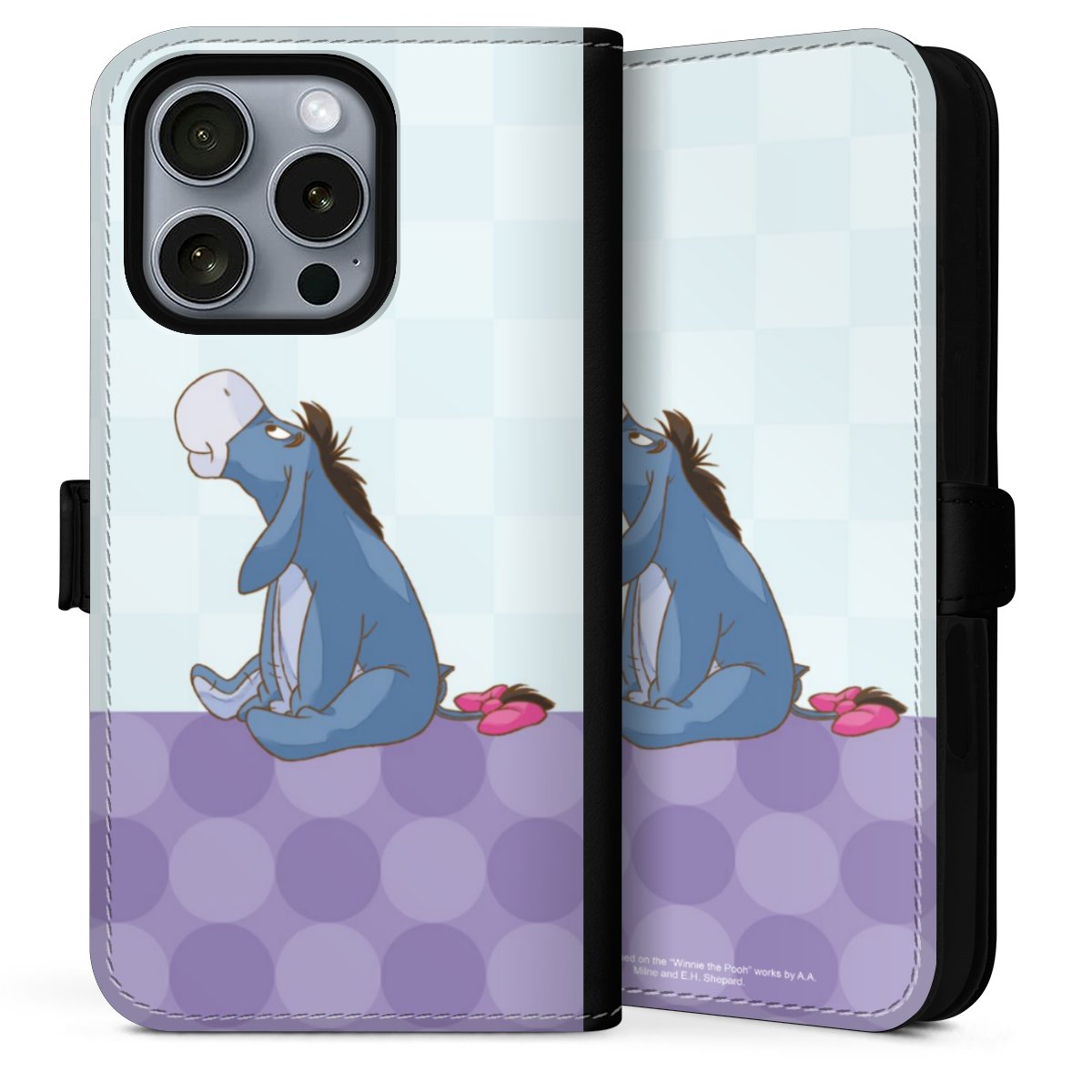 iPhone 16 Pro Max Handy Klapphülle Handyhülle aus Kunst Leder schwarz Flip Case Disney Donkey Winnie The Pooh Sideflip mit Lasche