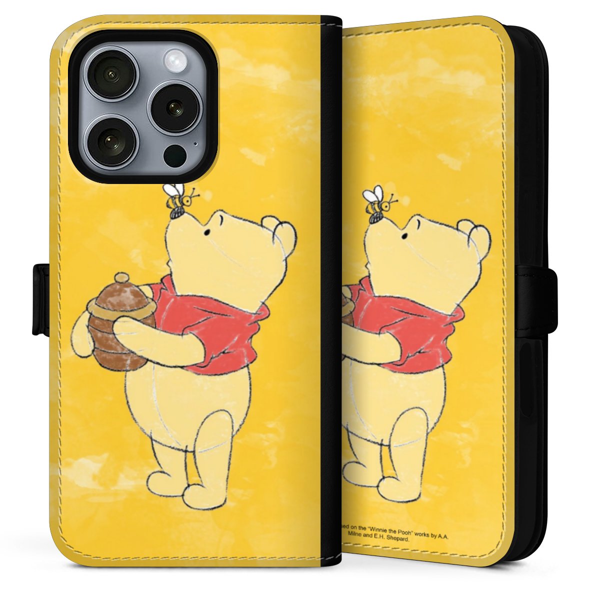 iPhone 16 Pro Max Handy Klapphülle Handyhülle aus Kunst Leder schwarz Flip Case Official Licensed Product Winnie The Pooh Disney Sideflip mit Lasche