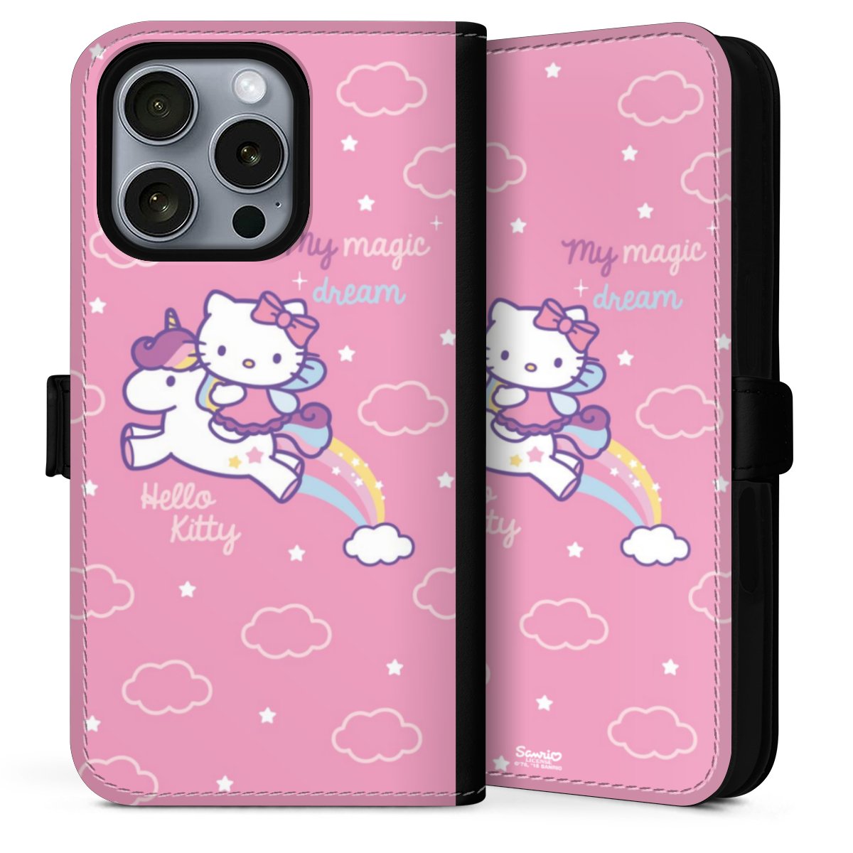 iPhone 16 Pro Max Handy Klapphülle Handyhülle aus Kunst Leder schwarz Flip Case Einhorn Official Licensed Product Hello Kitty Sideflip mit Lasche