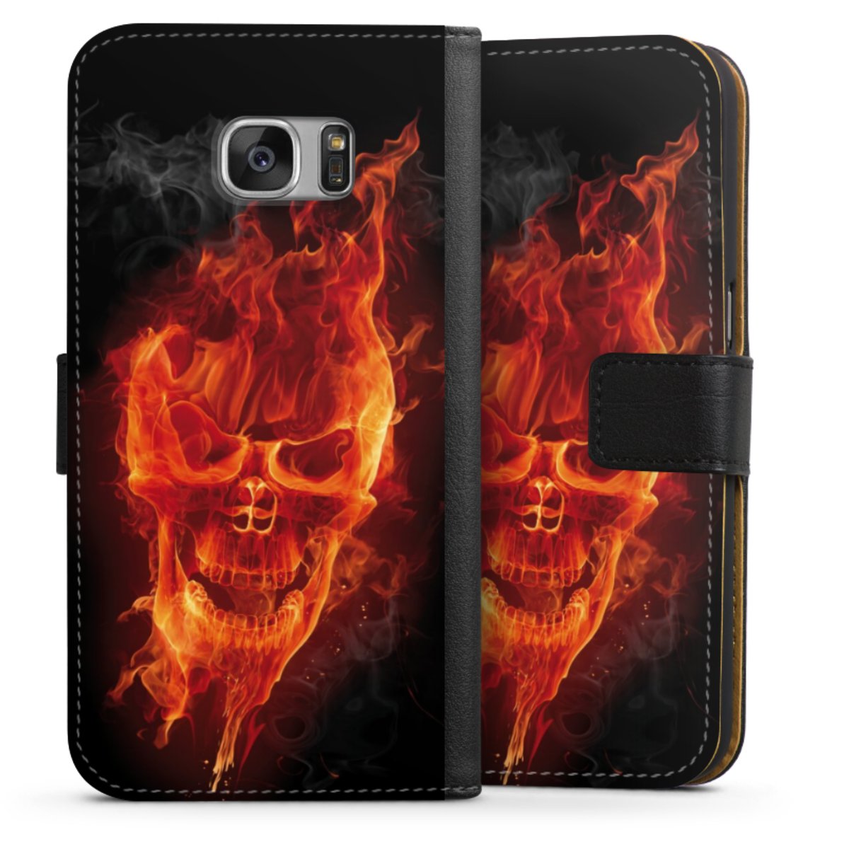 Galaxy S7 Handy Klapphülle Handyhülle aus Kunst Leder schwarz Flip Case Totenkopf Skull Fire Sideflip mit Lasche