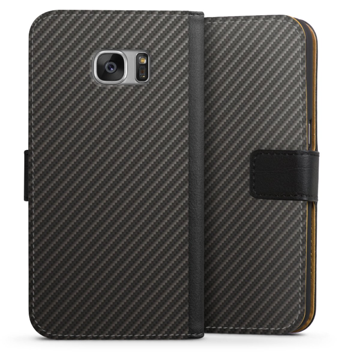 Galaxy S7 Handy Klapphülle Handyhülle aus Kunst Leder schwarz Flip Case Metallic Look Carbon Muster Sideflip mit Lasche