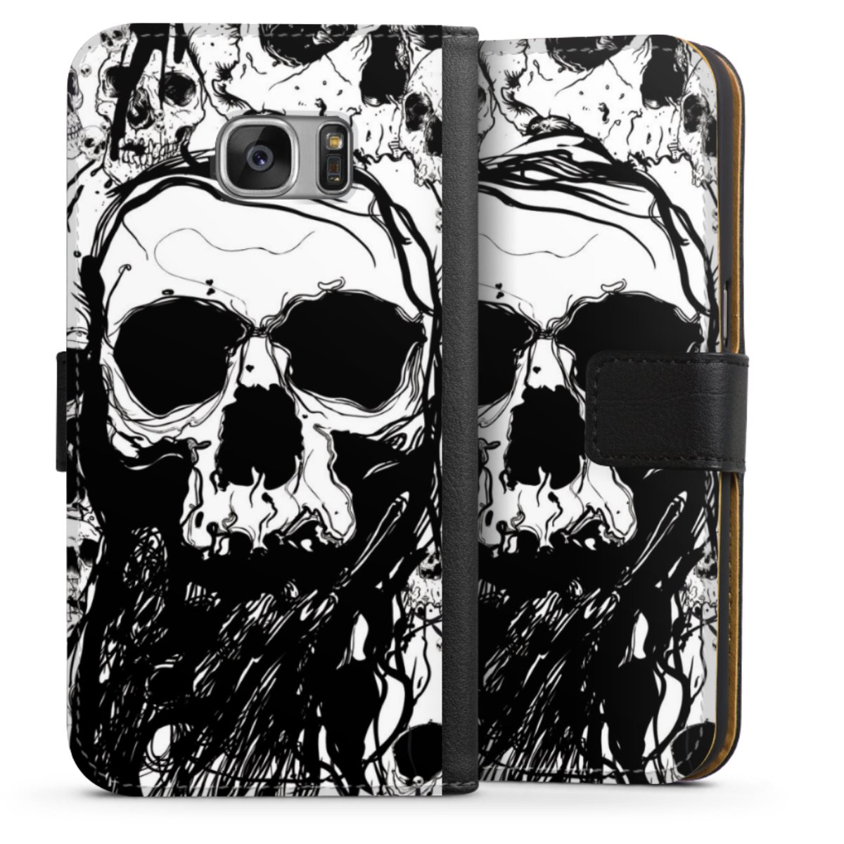 Galaxy S7 Handy Klapphülle Handyhülle aus Kunst Leder schwarz Flip Case Totenkopf Halloween Sideflip mit Lasche