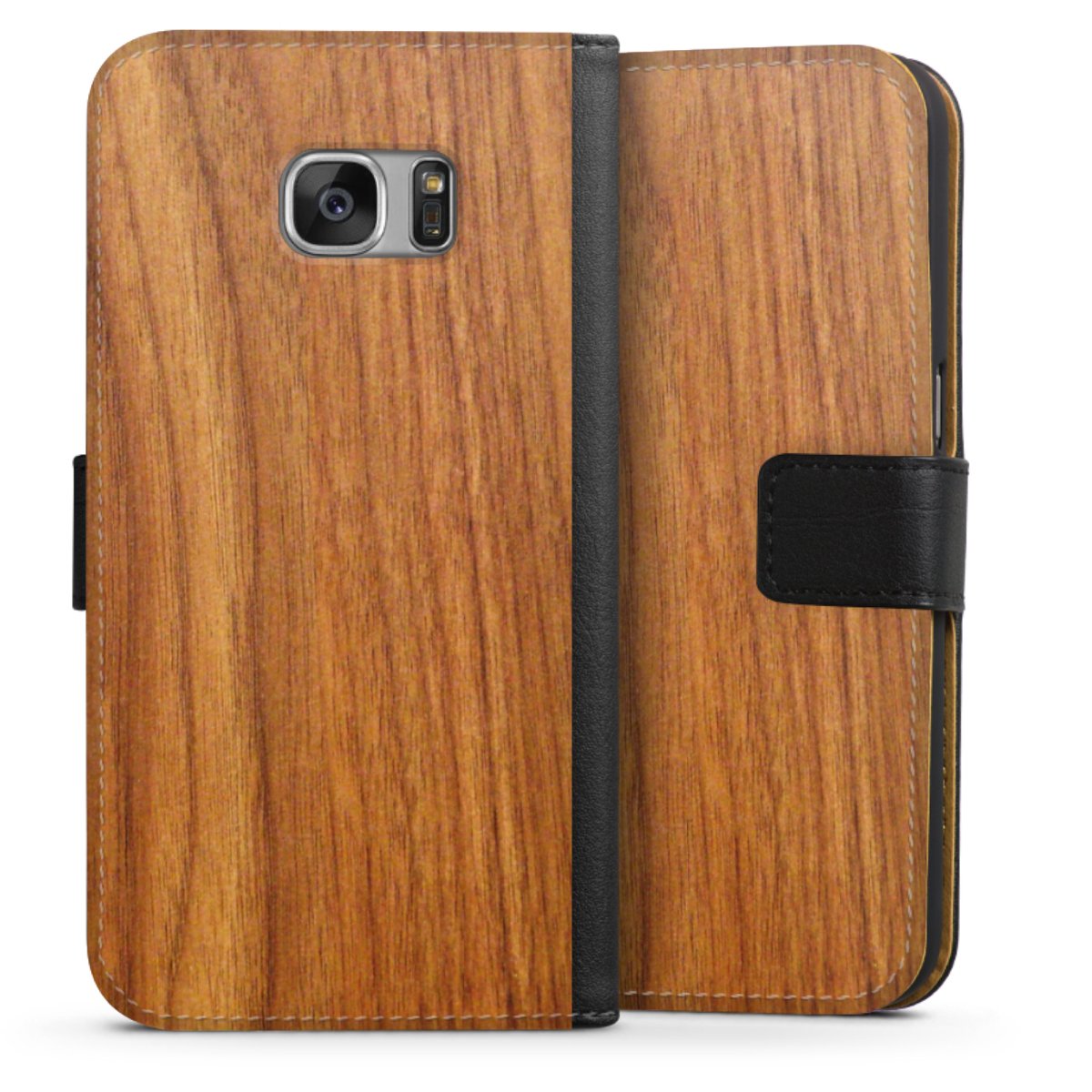 Galaxy S7 Handy Klapphülle Handyhülle aus Kunst Leder schwarz Flip Case Wood Larch Wooden Look Sideflip mit Lasche