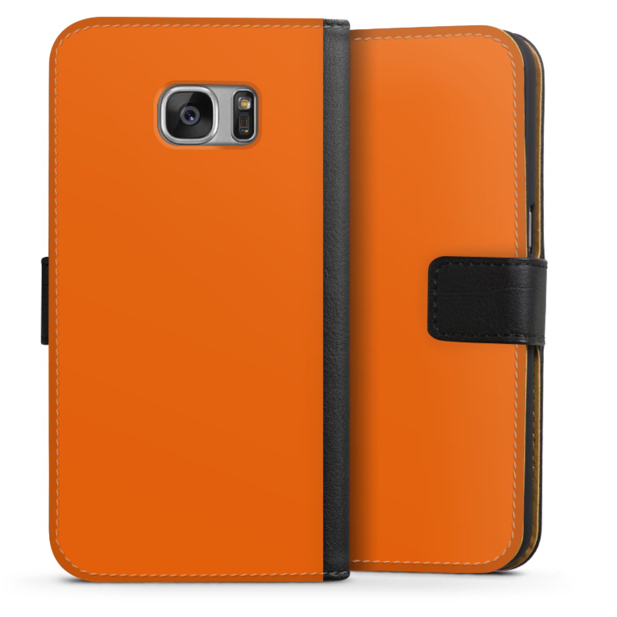 Galaxy S7 Handy Klapphülle Handyhülle aus Kunst Leder schwarz Flip Case Orange Colour Unicoloured Sideflip mit Lasche