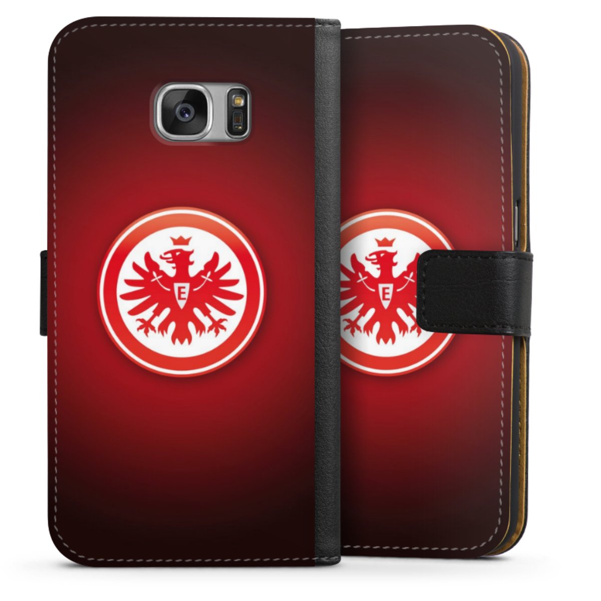 Galaxy S7 Handy Klapphülle Handyhülle aus Kunst Leder schwarz Flip Case Eintracht Frankfurt Official Licensed Product Coat Of Arms Sideflip mit Lasche