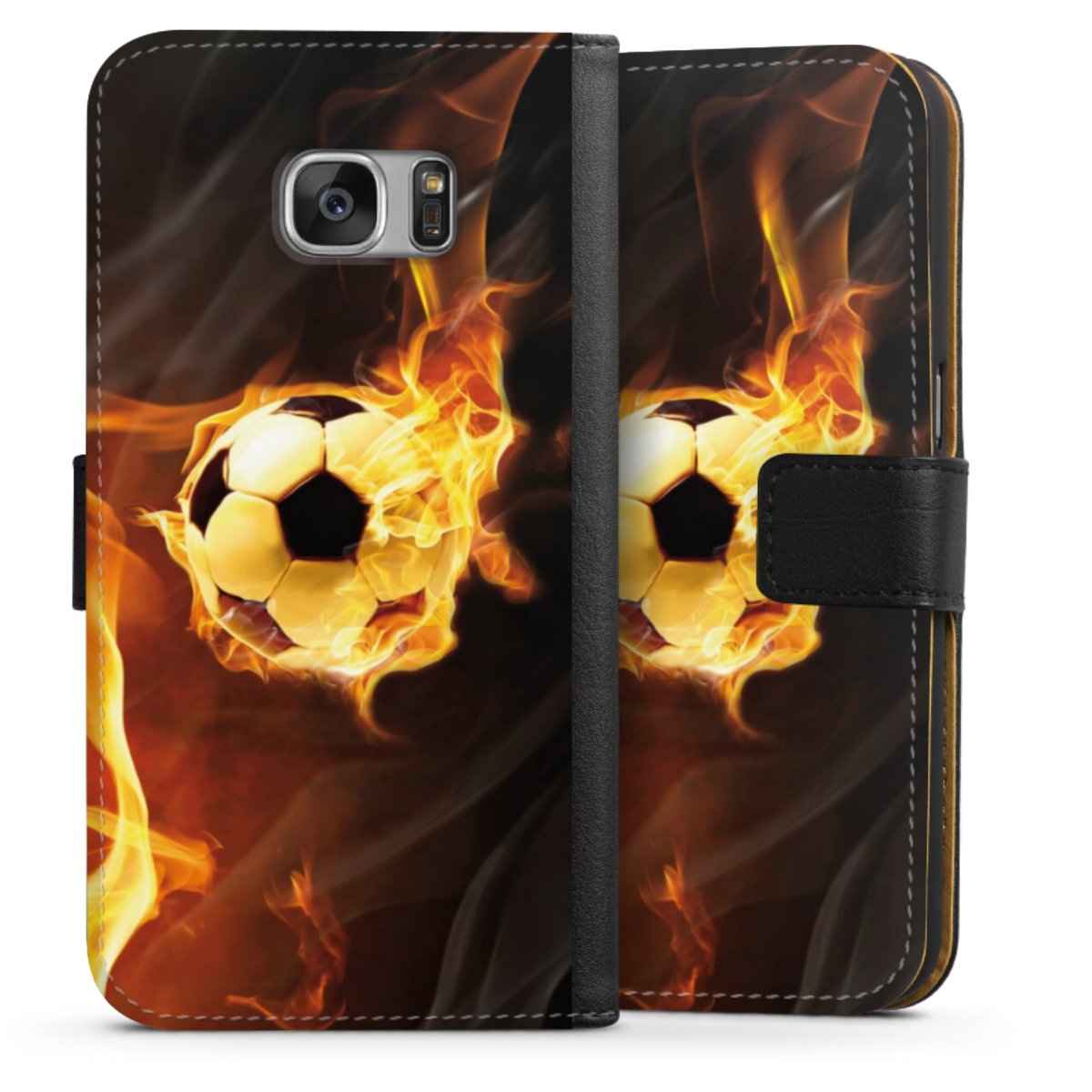 Galaxy S7 Handy Klapphülle Handyhülle aus Kunst Leder schwarz Flip Case Ball Fire Soccer Sideflip mit Lasche