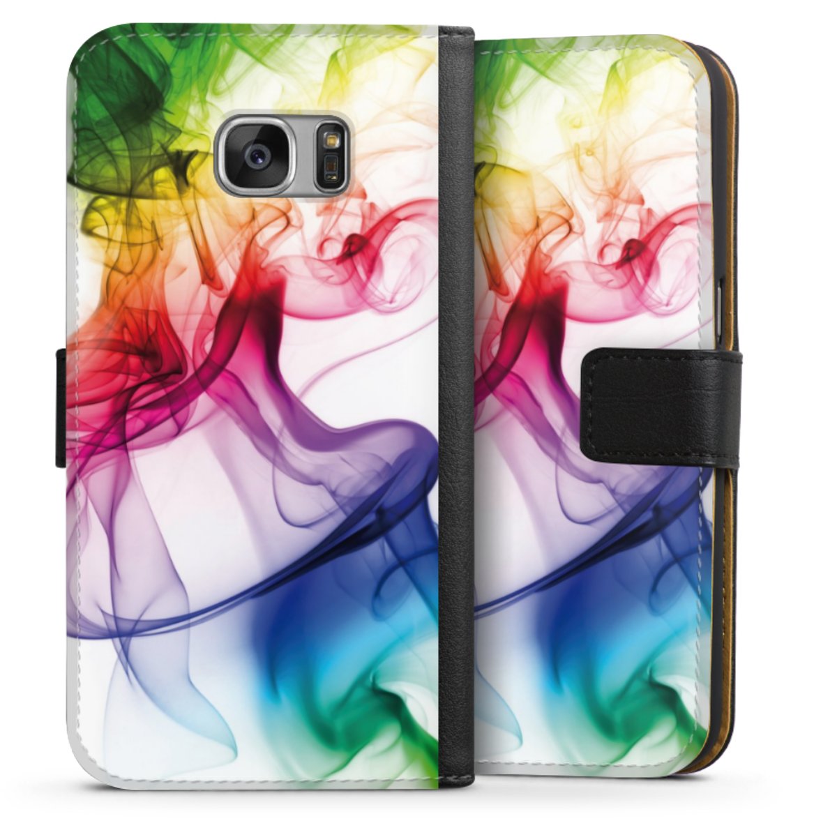 Galaxy S7 Handy Klapphülle Handyhülle aus Kunst Leder schwarz Flip Case Water Colour Rainbow Sideflip mit Lasche