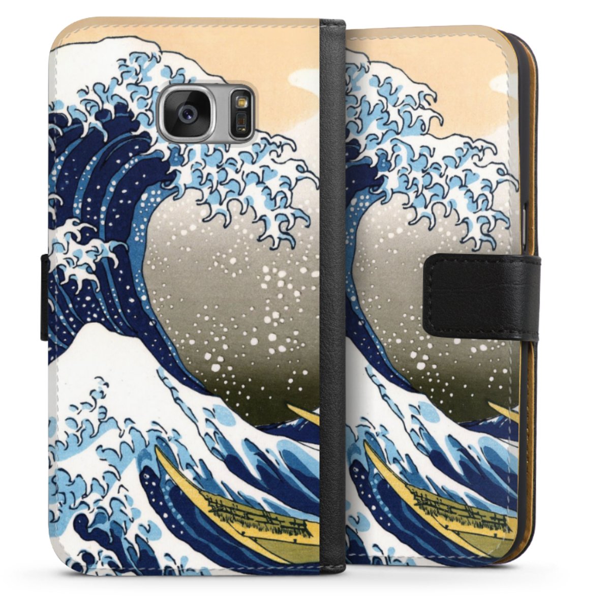 Galaxy S7 Handy Klapphülle Handyhülle aus Kunst Leder schwarz Flip Case Kunst Katsushika Hokusai Die Große Welle Vor Kanagawa Sideflip mit Lasche