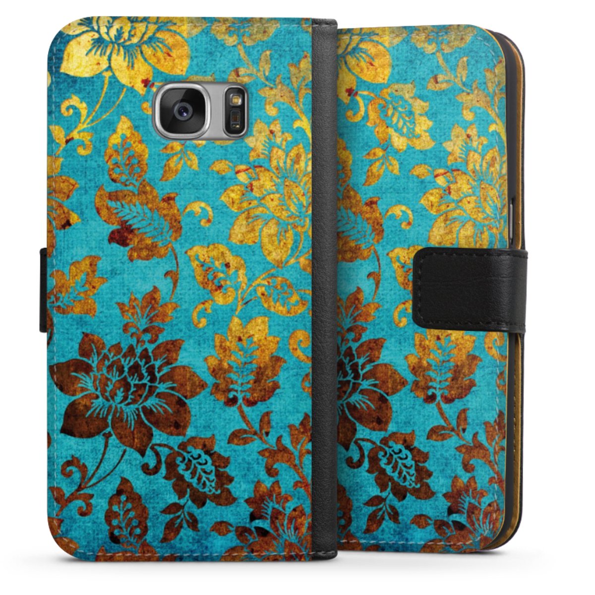 Galaxy S7 Handy Klapphülle Handyhülle aus Kunst Leder schwarz Flip Case Ornament Vintage Flowers Sideflip mit Lasche