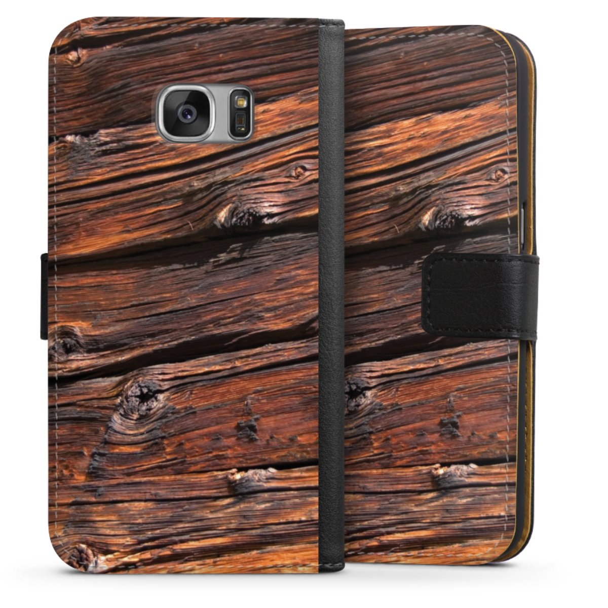 Galaxy S7 Handy Klapphülle Handyhülle aus Kunst Leder schwarz Flip Case Beams Wooden Look Wood Sideflip mit Lasche