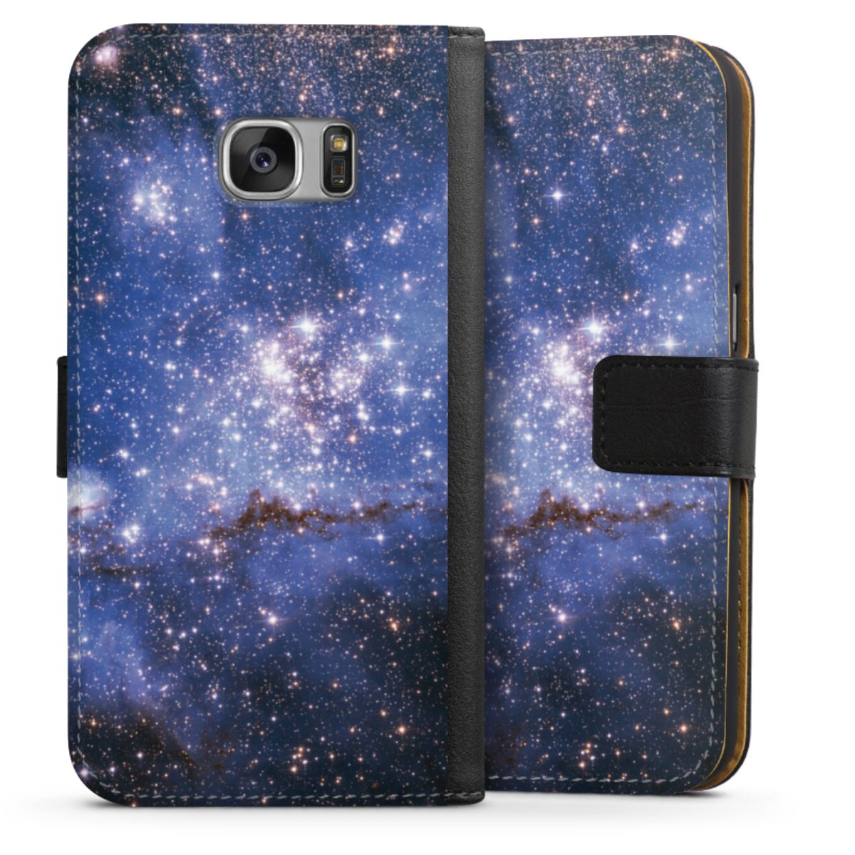 Galaxy S7 Handy Klapphülle Handyhülle aus Kunst Leder schwarz Flip Case Weltall Galaxy Weltraum Sideflip mit Lasche