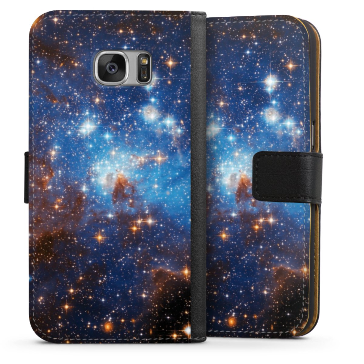 Galaxy S7 Handy Klapphülle Handyhülle aus Kunst Leder schwarz Flip Case Star Weltall Galaxy Sideflip mit Lasche