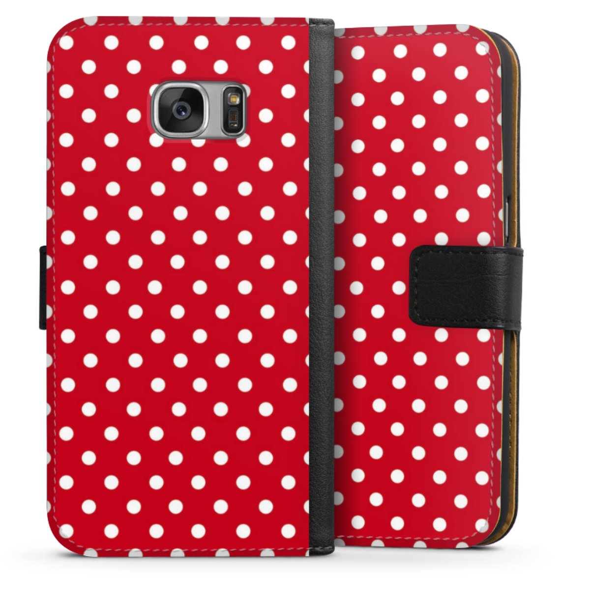 Galaxy S7 Handy Klapphülle Handyhülle aus Kunst Leder schwarz Flip Case Points Polka Dots Retro Sideflip mit Lasche