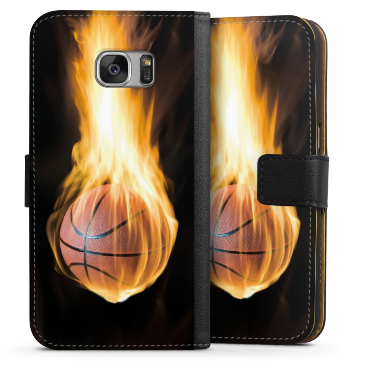 Galaxy S7 Handy Klapphülle Handyhülle aus Kunst Leder schwarz Flip Case Basketball Sports Fire Sideflip mit Lasche