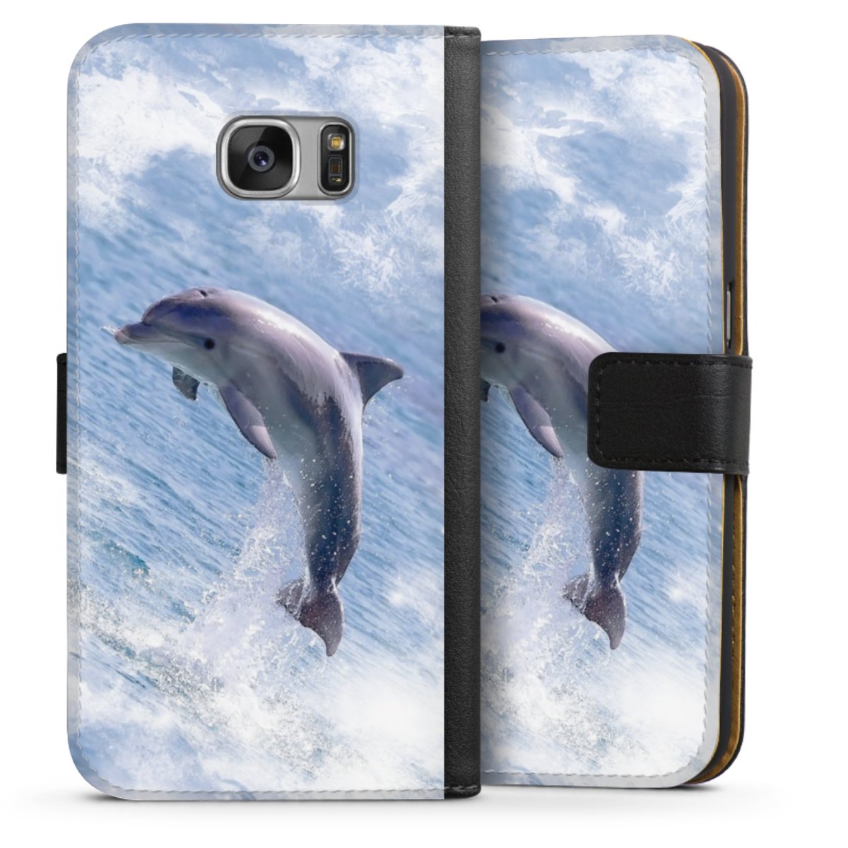 Galaxy S7 Handy Klapphülle Handyhülle aus Kunst Leder schwarz Flip Case Dolphin Ocean Wale Sideflip mit Lasche