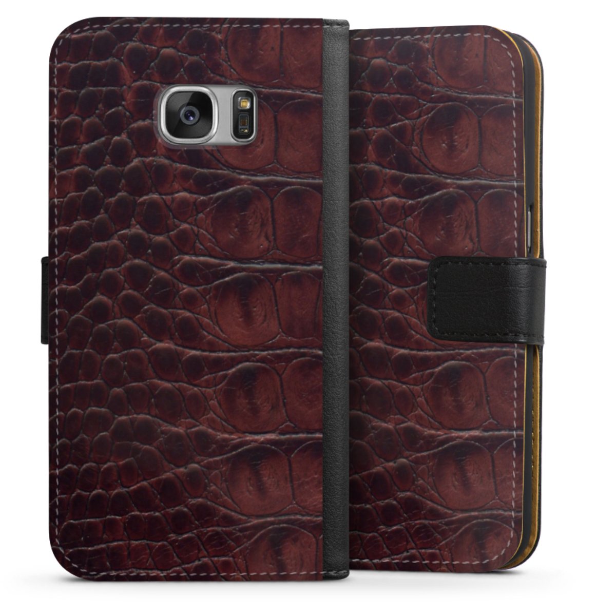 Galaxy S7 Handy Klapphülle Handyhülle aus Kunst Leder schwarz Flip Case Crocodile Animal Print Leather Sideflip mit Lasche