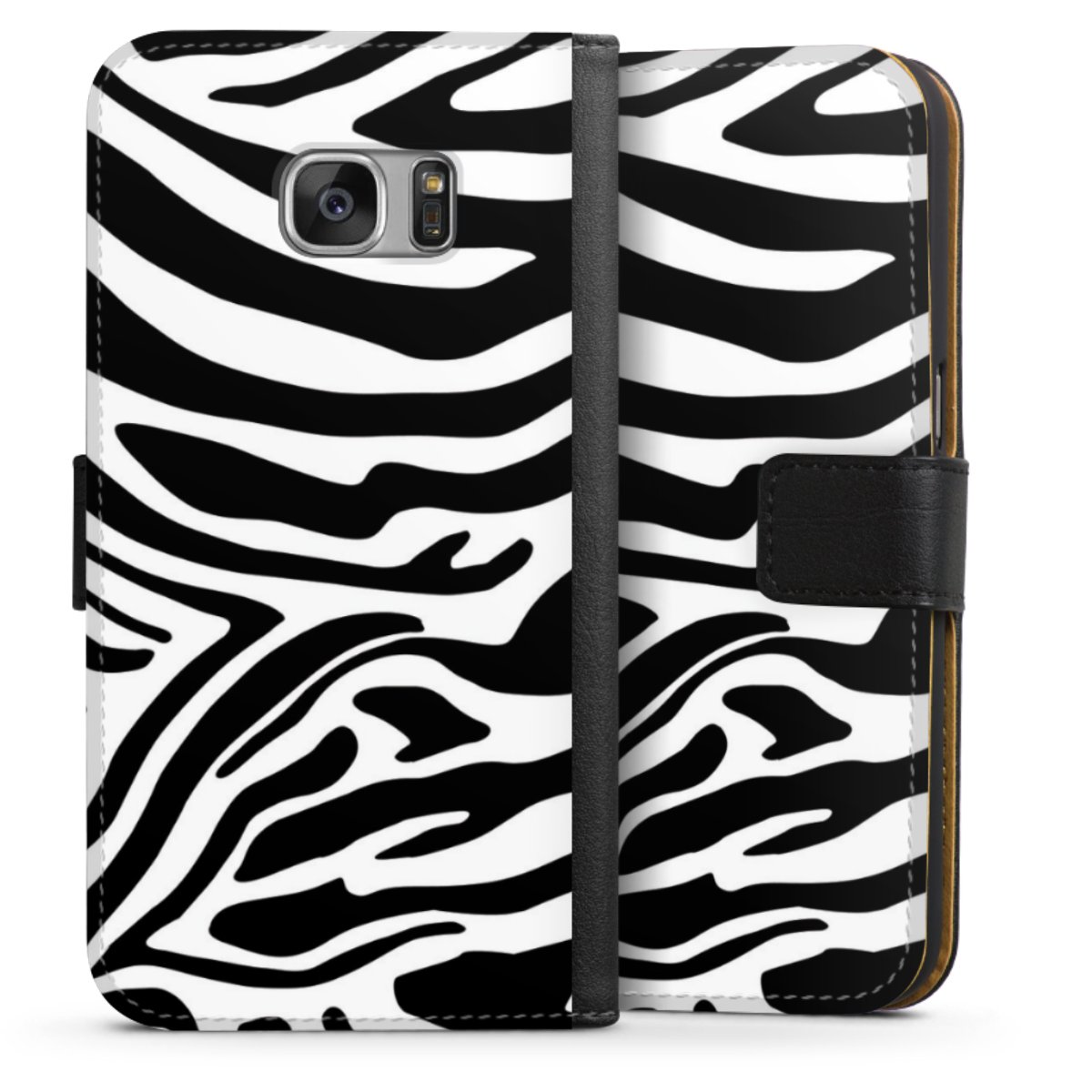 Galaxy S7 Handy Klapphülle Handyhülle aus Kunst Leder schwarz Flip Case Zebra Animal Look Animal Print Sideflip mit Lasche