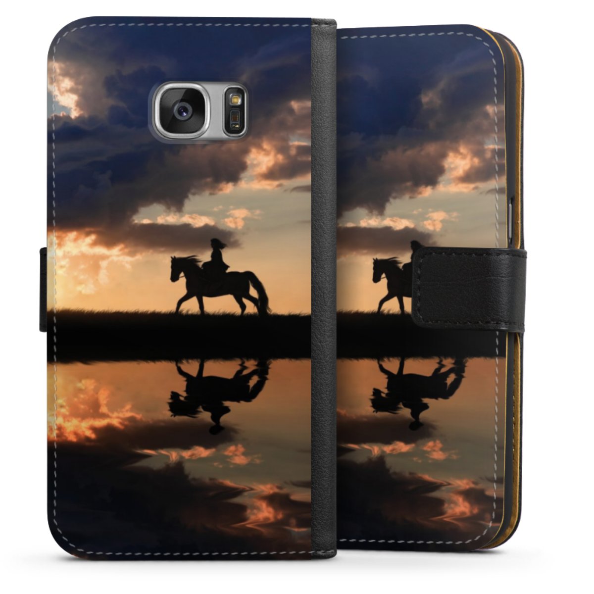 Galaxy S7 Handy Klapphülle Handyhülle aus Kunst Leder schwarz Flip Case Horse Sunset Horseback Riding Sideflip mit Lasche