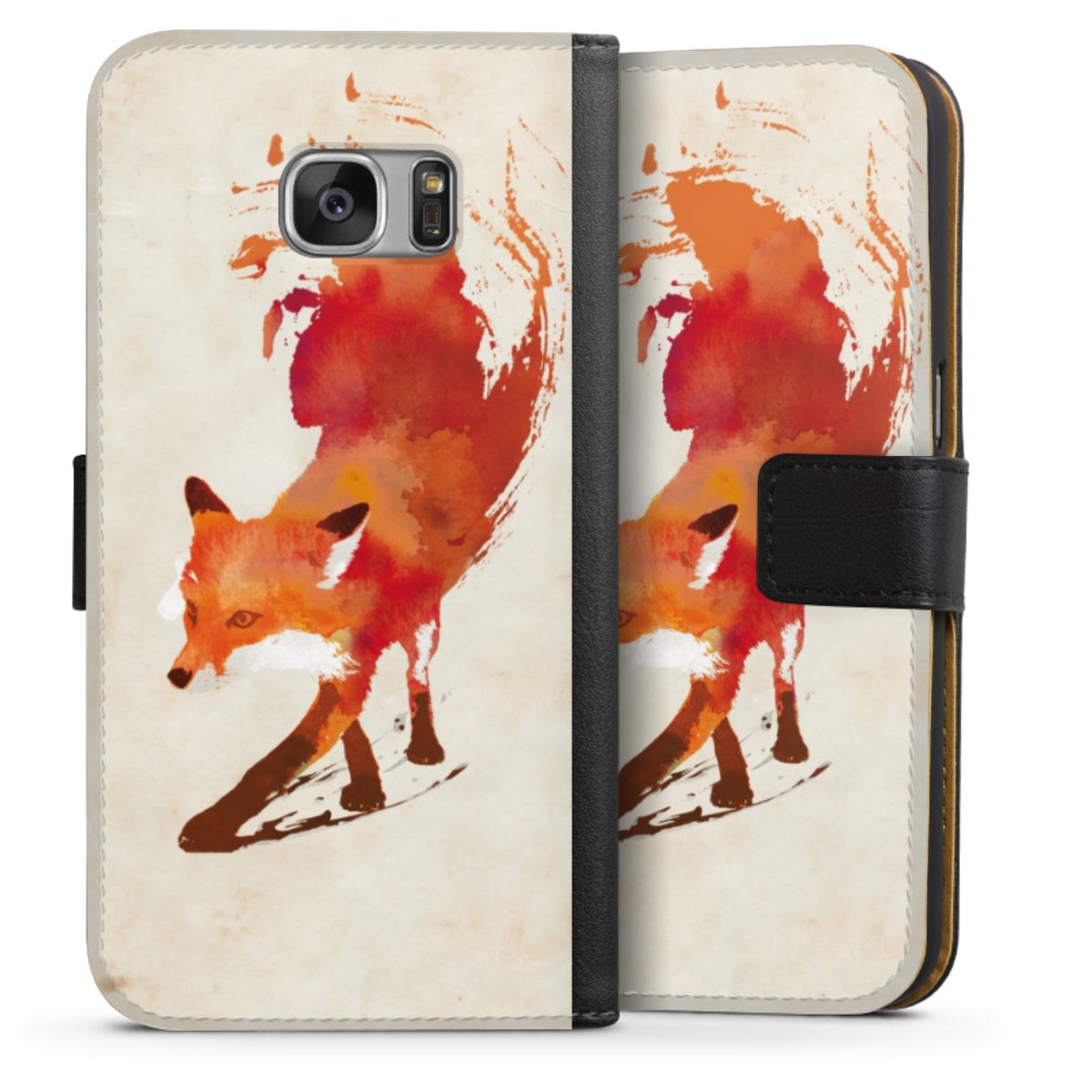 Galaxy S7 Handy Klapphülle Handyhülle aus Kunst Leder schwarz Flip Case Fox Graphic Sideflip mit Lasche