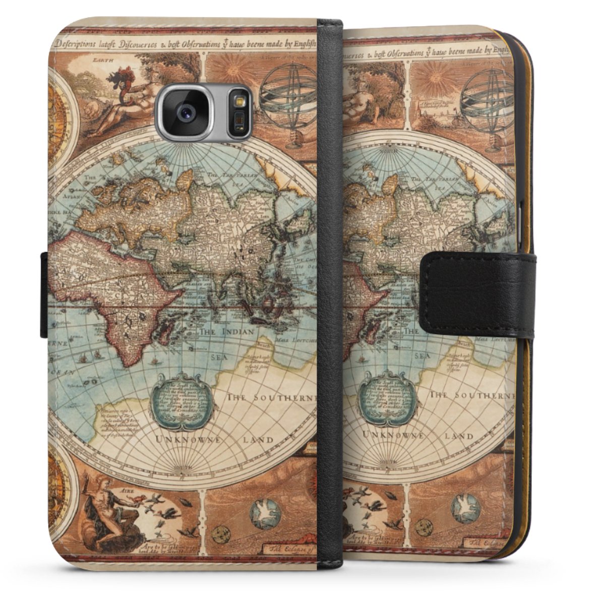 Galaxy S7 Handy Klapphülle Handyhülle aus Kunst Leder schwarz Flip Case World Map Vintage Map Sideflip mit Lasche