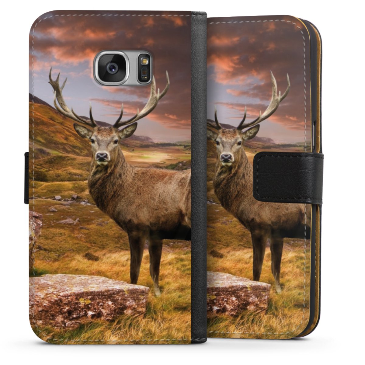 Galaxy S7 Handy Klapphülle Handyhülle aus Kunst Leder schwarz Flip Case Meadow Mountain Deer Sideflip mit Lasche