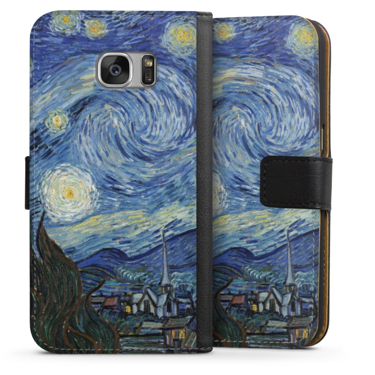 Galaxy S7 Handy Klapphülle Handyhülle aus Kunst Leder schwarz Flip Case The Starry Night Kunst Vincent Van Gogh Sideflip mit Lasche