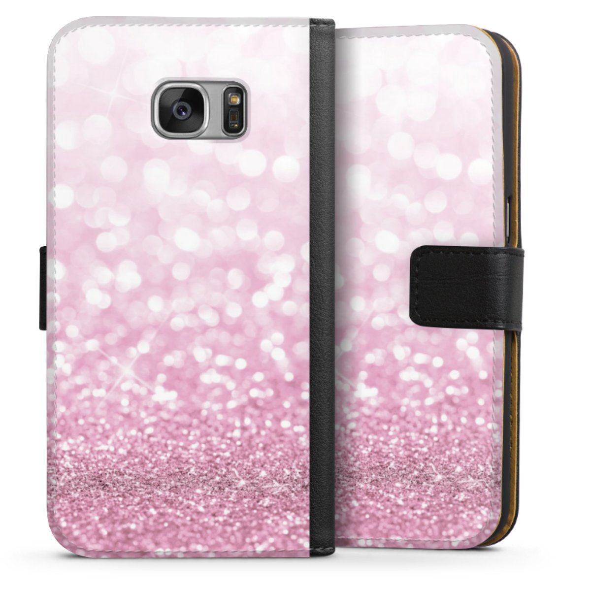 Galaxy S7 Handy Klapphülle Handyhülle aus Kunst Leder schwarz Flip Case Glitzer Pink Shine Sideflip mit Lasche