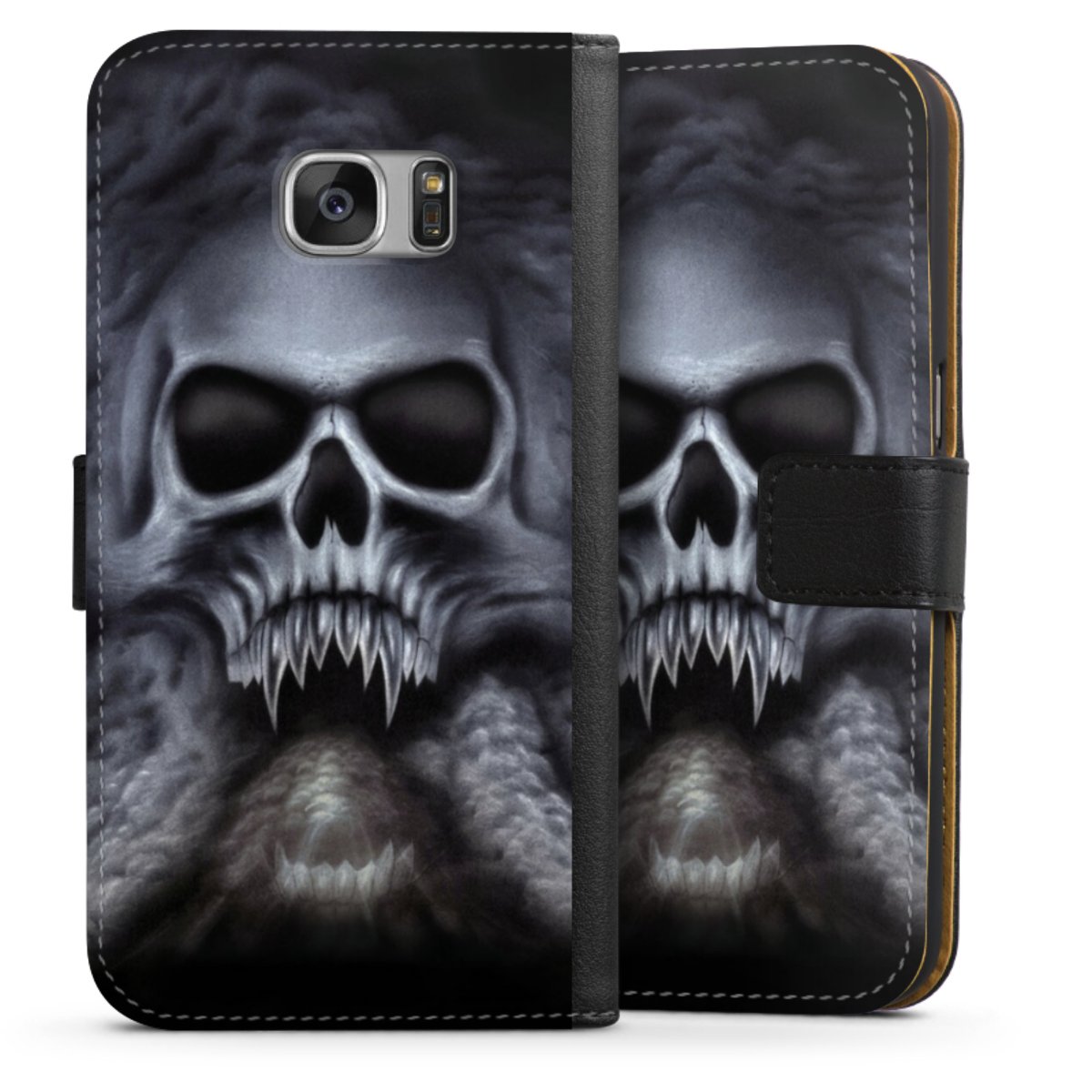 Galaxy S7 Handy Klapphülle Handyhülle aus Kunst Leder schwarz Flip Case Totenkopf Skull Sideflip mit Lasche