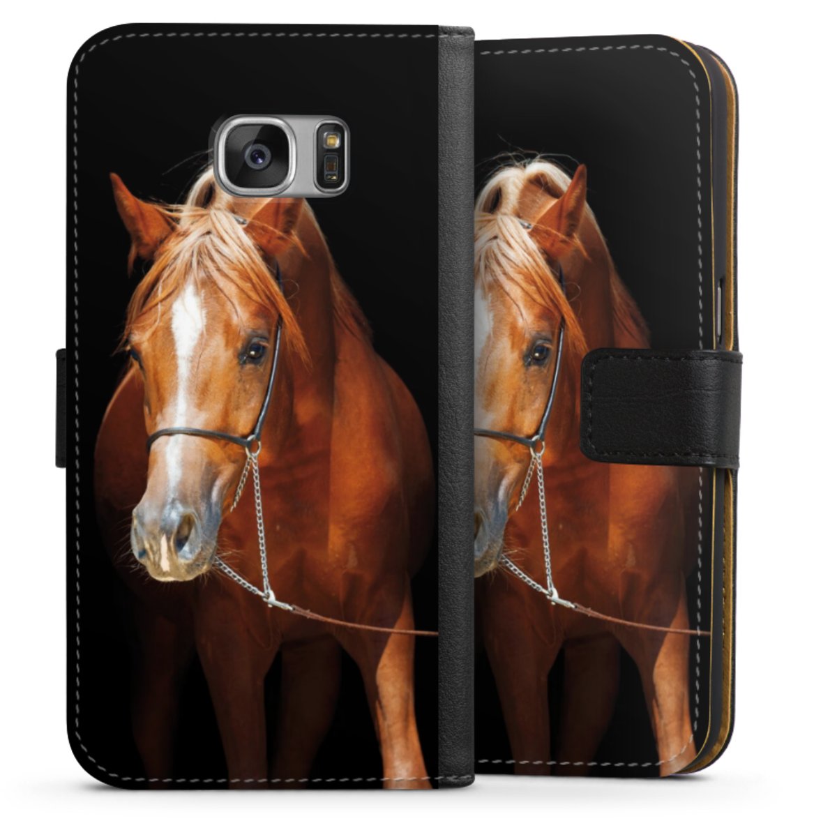 Galaxy S7 Handy Klapphülle Handyhülle aus Kunst Leder schwarz Flip Case Mare Horse Hobby Sideflip mit Lasche