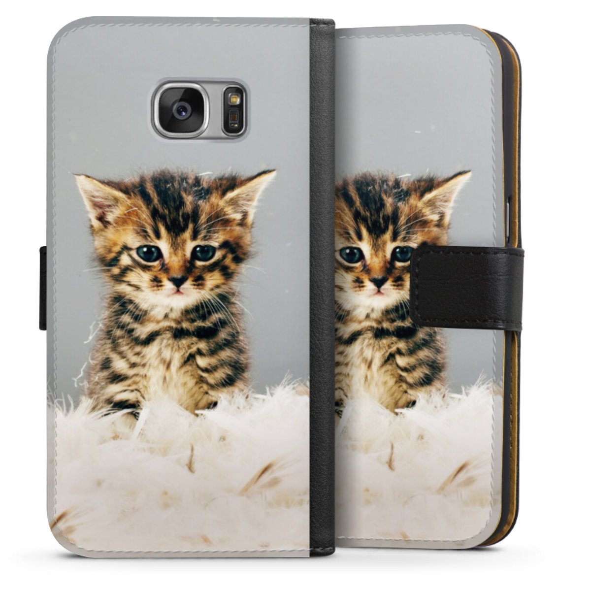 Galaxy S7 Handy Klapphülle Handyhülle aus Kunst Leder schwarz Flip Case Cat Feather Pet Sideflip mit Lasche