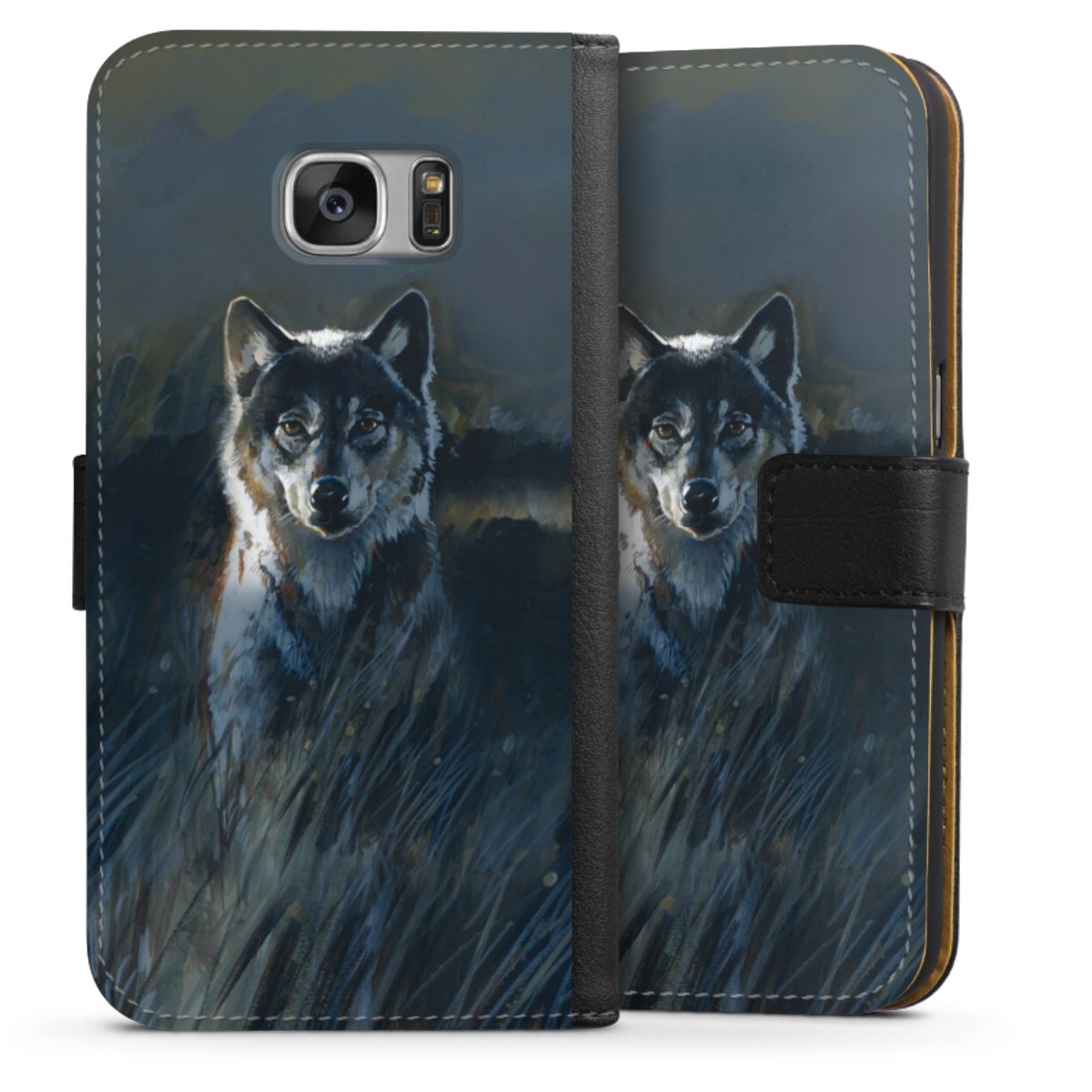 Galaxy S7 Handy Klapphülle Handyhülle aus Kunst Leder schwarz Flip Case Nature Wolf Painting Sideflip mit Lasche