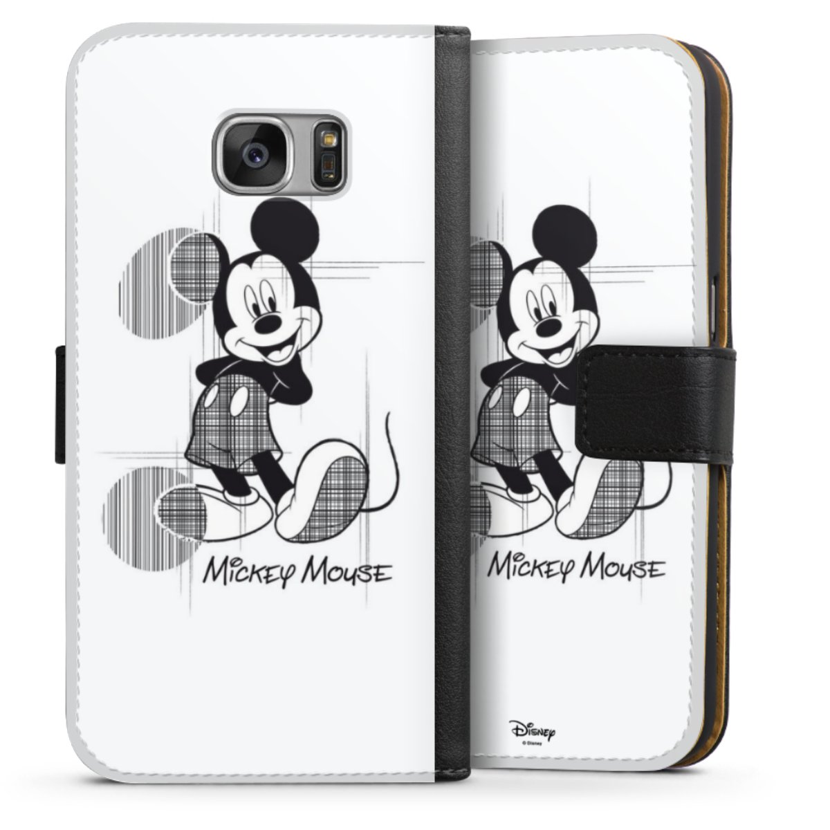 Galaxy S7 Handy Klapphülle Handyhülle aus Kunst Leder schwarz Flip Case Disney Official Licensed Product Mickey Mouse Sideflip mit Lasche