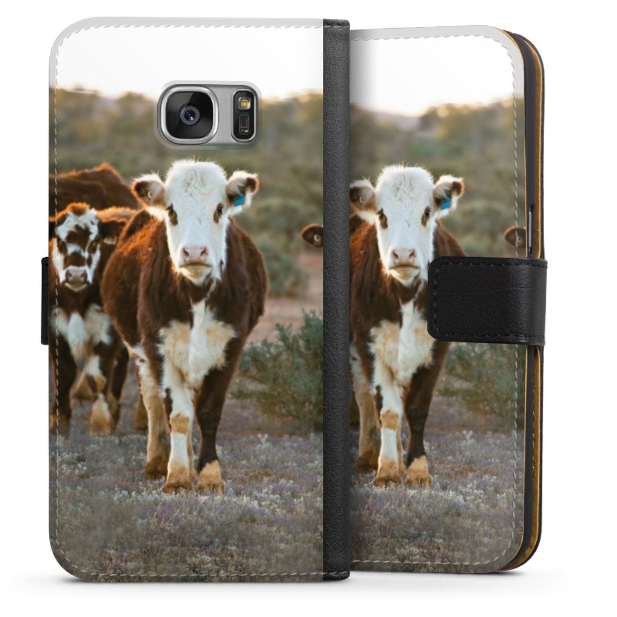 Galaxy S7 Handy Klapphülle Handyhülle aus Kunst Leder schwarz Flip Case Cow Farmer Calf Sideflip mit Lasche