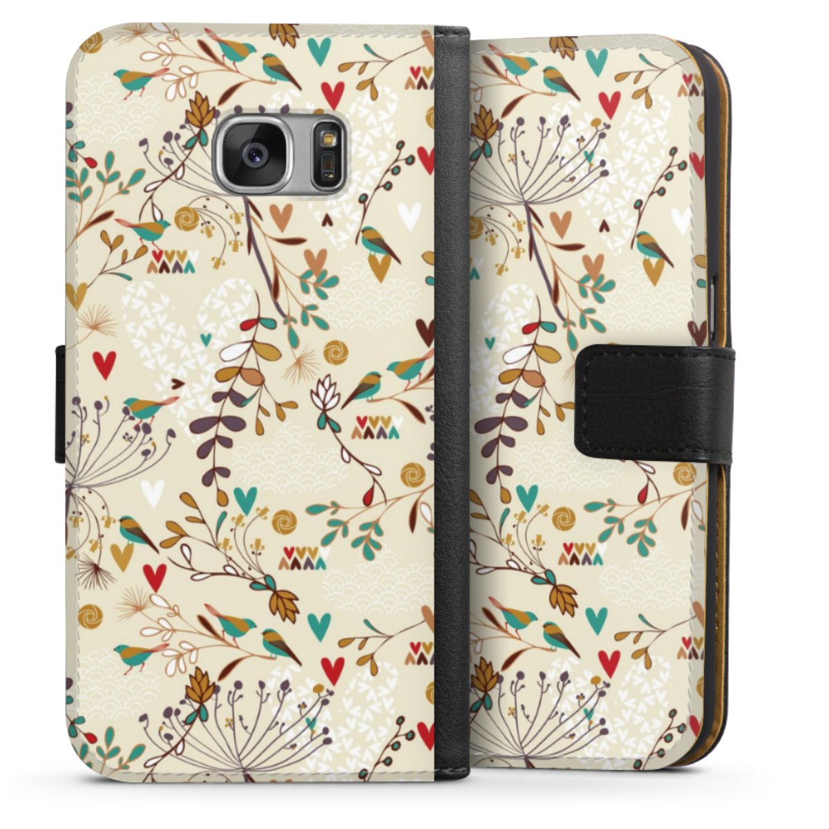 Galaxy S7 Handy Klapphülle Handyhülle aus Kunst Leder schwarz Flip Case Bird Flowers Retro Sideflip mit Lasche