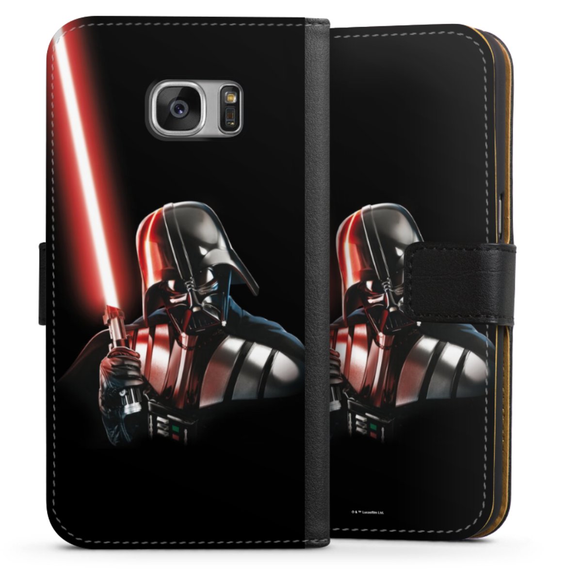 Galaxy S7 Handy Klapphülle Handyhülle aus Kunst Leder schwarz Flip Case Star Wars Merchandise Darth Vader Sideflip mit Lasche