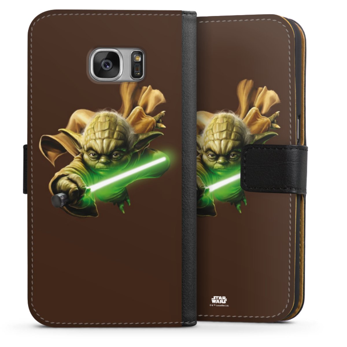 Galaxy S7 Handy Klapphülle Handyhülle aus Kunst Leder schwarz Flip Case Yoda Merchandise Star Wars Sideflip mit Lasche