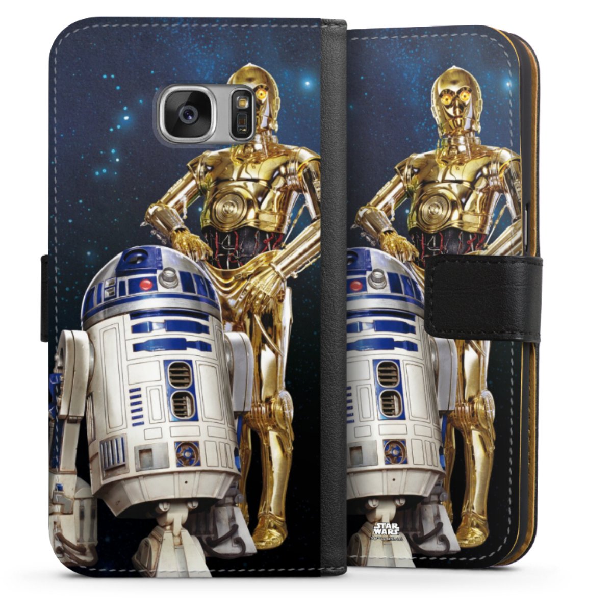 Galaxy S7 Handy Klapphülle Handyhülle aus Kunst Leder schwarz Flip Case Weltall Star Wars R2d2 Sideflip mit Lasche