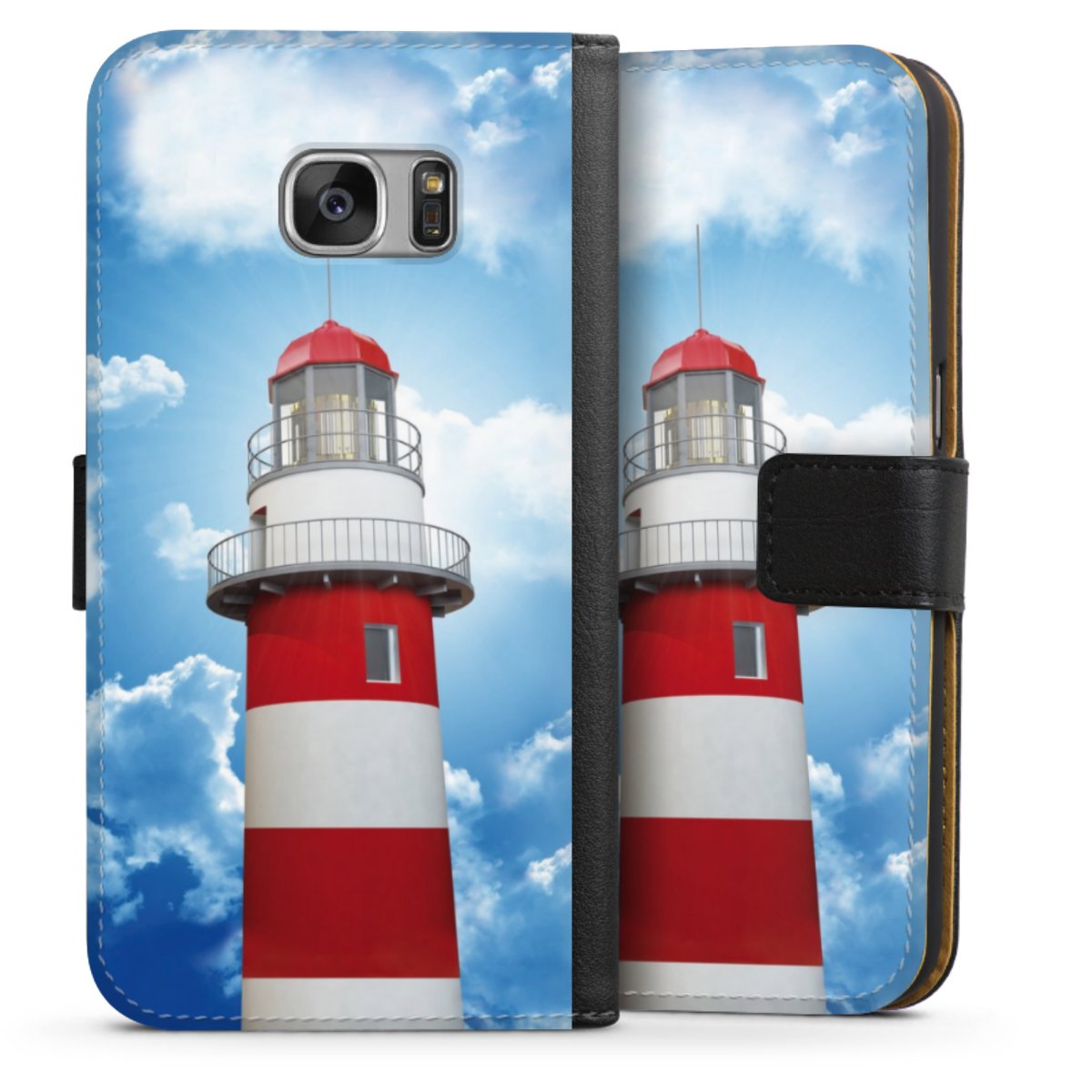 Galaxy S7 Handy Klapphülle Handyhülle aus Kunst Leder schwarz Flip Case Lighthouse Sky Cloud Sideflip mit Lasche