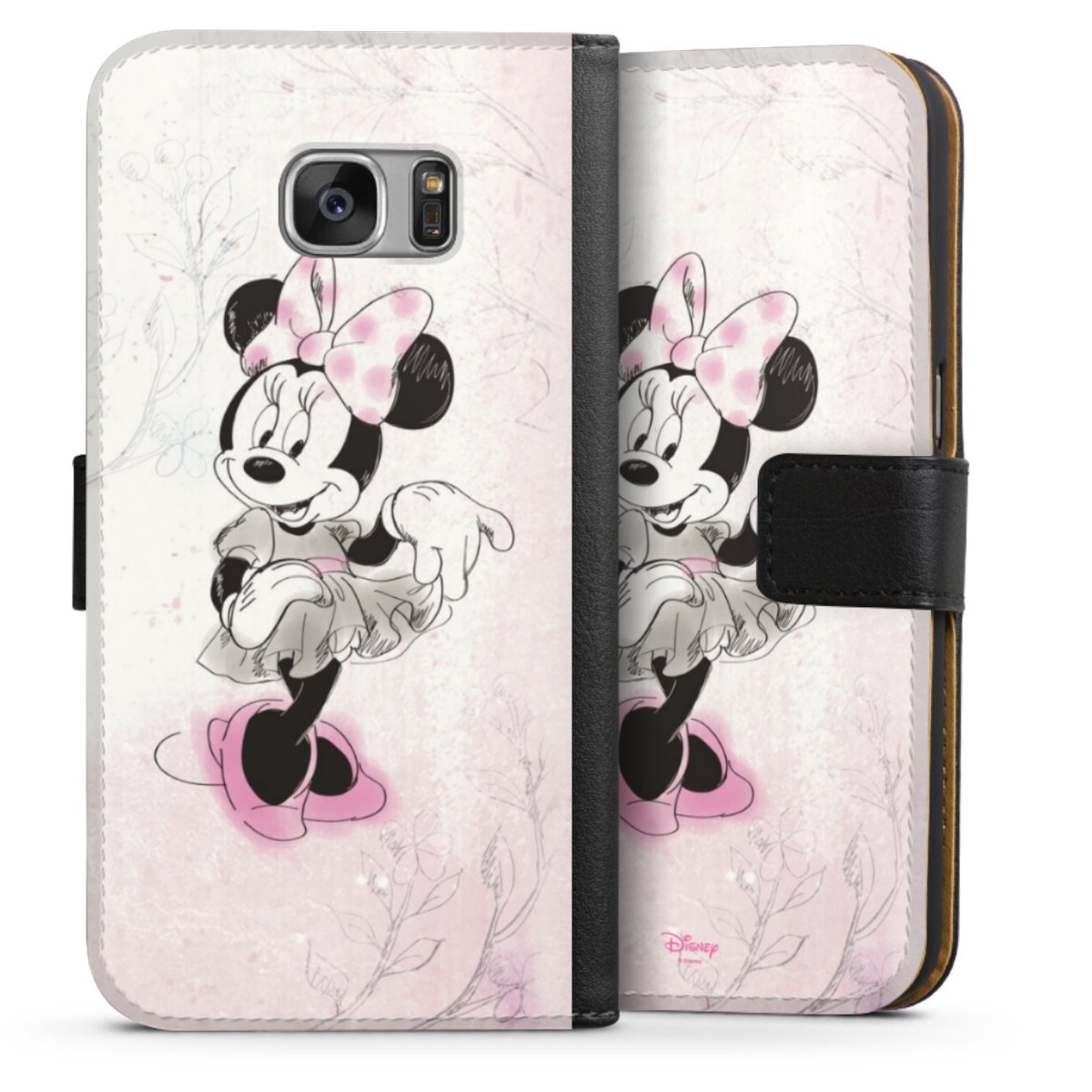 Galaxy S7 Handy Klapphülle Handyhülle aus Kunst Leder schwarz Flip Case Disney Minnie Mouse Vintage Sideflip mit Lasche