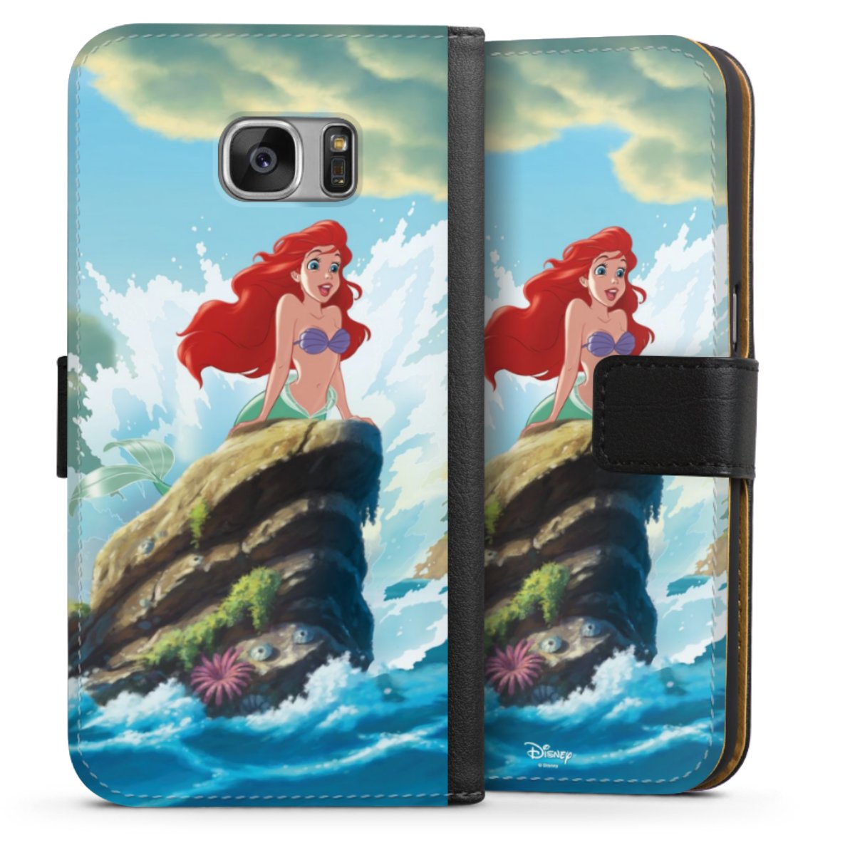 Galaxy S7 Handy Klapphülle Handyhülle aus Kunst Leder schwarz Flip Case Mermaid Arielle Die Meerjungfrau Official Licensed Product Sideflip mit Lasche