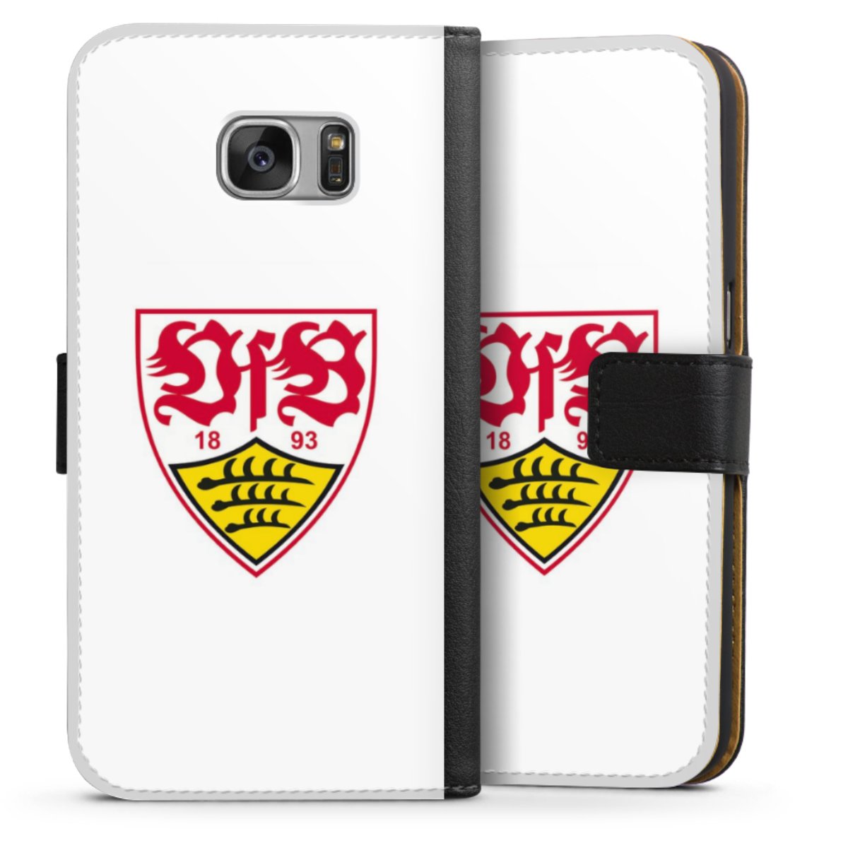 Galaxy S7 Handy Klapphülle Handyhülle aus Kunst Leder schwarz Flip Case Logo Official Licensed Product Vfb Stuttgart Sideflip mit Lasche