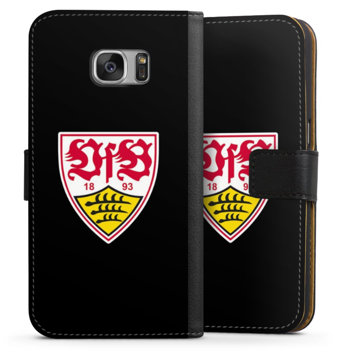 Galaxy S7 Handy Klapphülle Handyhülle aus Kunst Leder schwarz Flip Case Vfb Stuttgart Official Licensed Product Coat Of Arms Sideflip mit Lasche