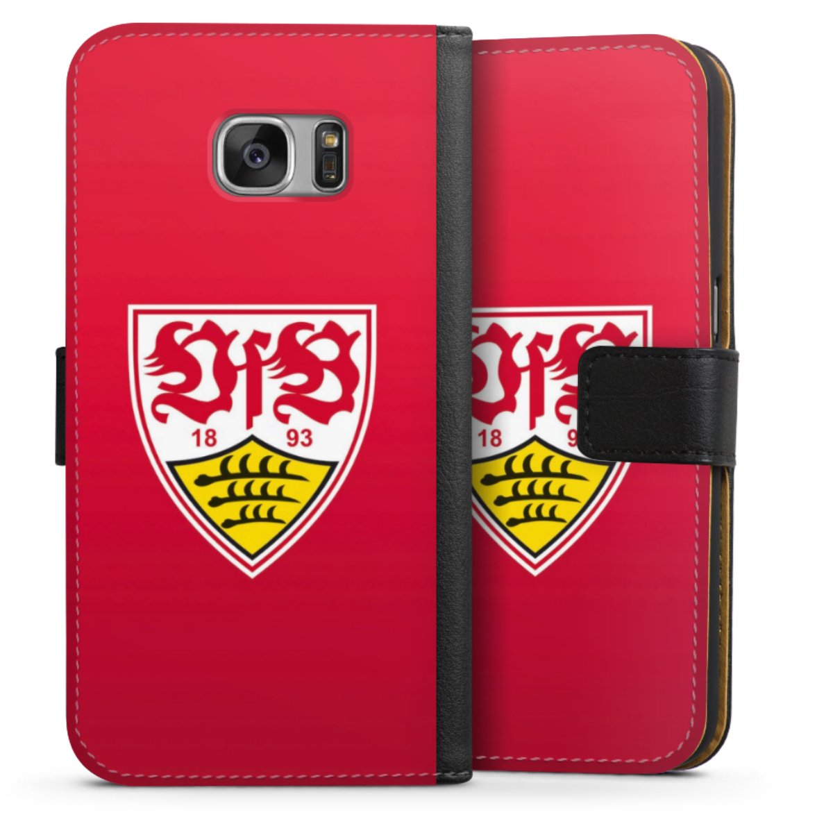 Galaxy S7 Handy Klapphülle Handyhülle aus Kunst Leder schwarz Flip Case Official Licensed Product Vfb Stuttgart Sideflip mit Lasche