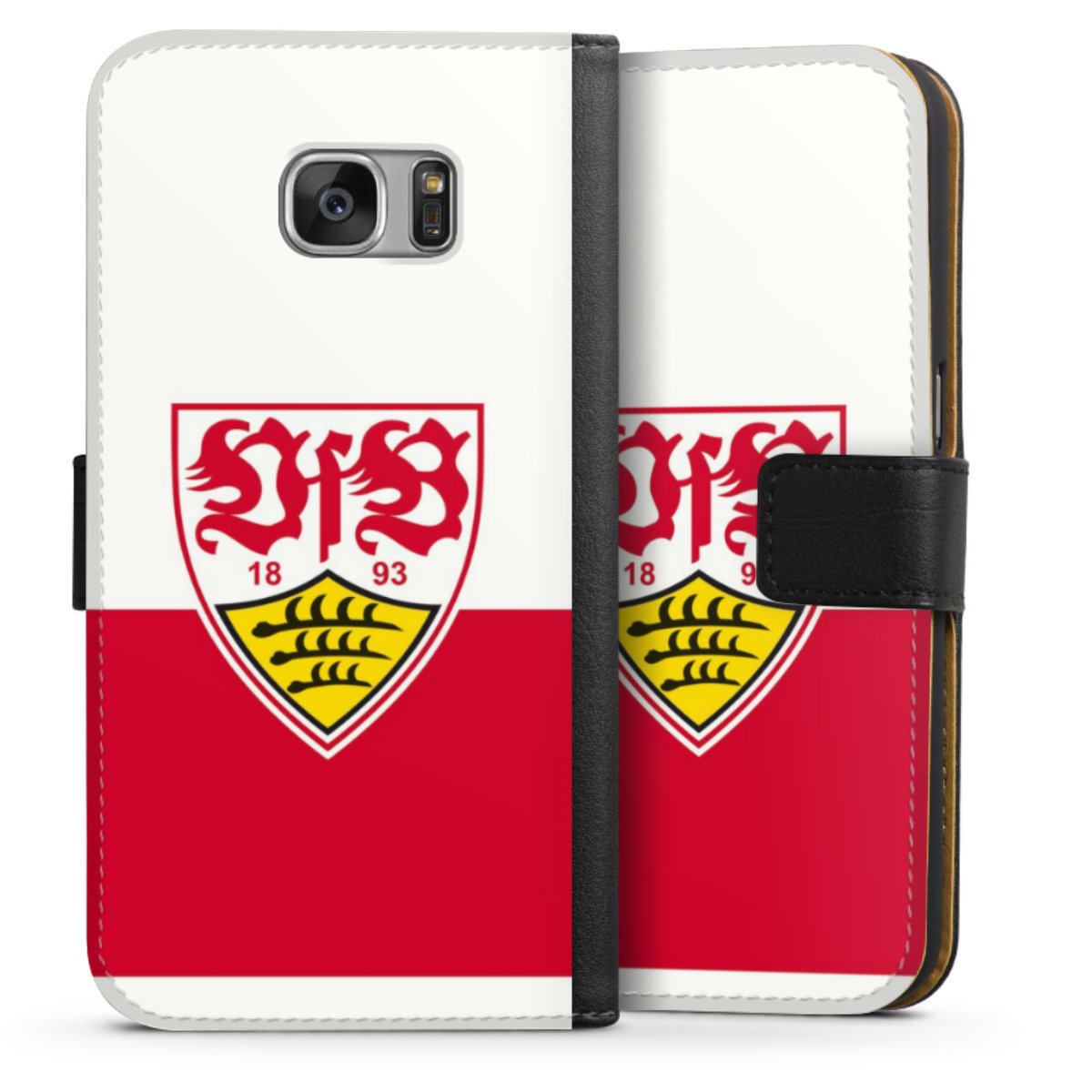 Galaxy S7 Handy Klapphülle Handyhülle aus Kunst Leder schwarz Flip Case Official Licensed Product Logo Vfb Stuttgart Sideflip mit Lasche