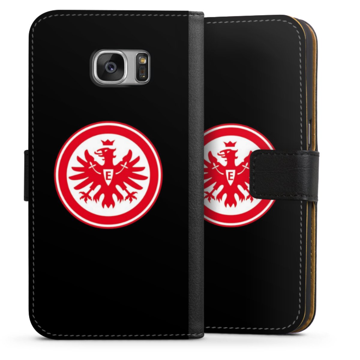 Galaxy S7 Handy Klapphülle Handyhülle aus Kunst Leder schwarz Flip Case Eintracht Frankfurt Sge Eagle Sideflip mit Lasche